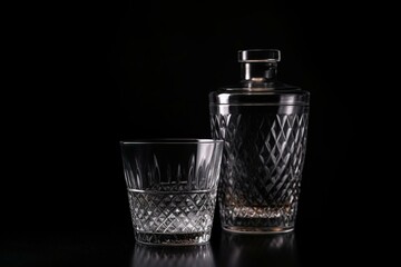 Cocktail glass and shaker on black background, facing front and to the right. Generative AI