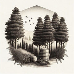 Pine trees and beehive