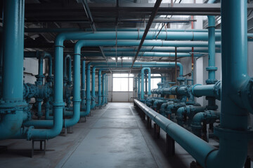 Oil and gas processing plant with pipe line valves. Pipelines in a gas compression station
