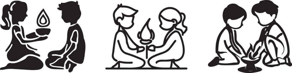  kids celebrating Diwali silhouette line art