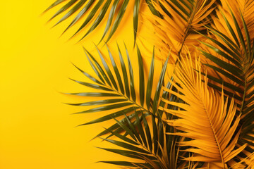 Tropical palm leaves on yellow background. Summer concept. Flat lay, top view, copy space