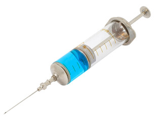 Syringe old glass with liquid blue medicine, isolated on transparent background .