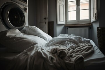 An empty washing machine beside a bed with white linens and pillows. Generative AI