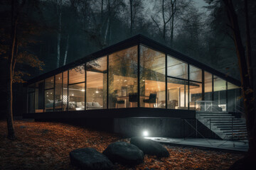 Modern luxury villa exterior in minimal style. Glass cottage in the woods at night. Modern cabin house in deep forest.