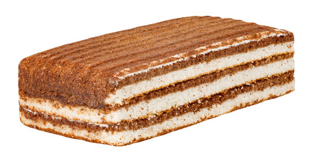 Rectangular chocolate multi-layered cake, isolated on transparent background .