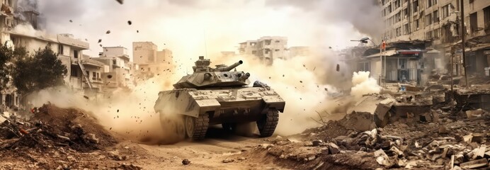 armored tank crosses a mine field during war invasion epic scene of fire and smoke in destroyed city as wide banner with copyspace area - Generative AI - obrazy, fototapety, plakaty