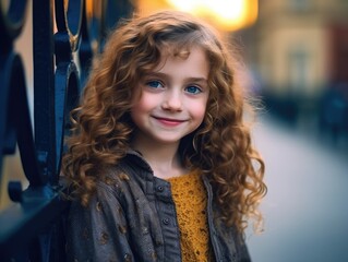 Fototapeta na wymiar Little girl with curly hair standing in front of a fence. Generative AI
