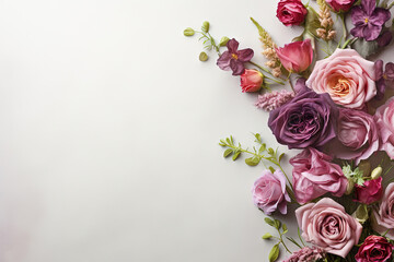 flower arrangement on the right side of the image with empty space for text on a layflat