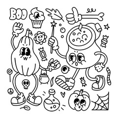 Halloween Coloring page. Black and white linear vector illustration with happy pumpkin, witch cauldron retro cartoon characters and other spooky elements. Vintage 70s toons style