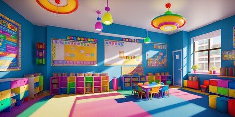 Fototapeta na wymiar cartoon illustration of bright and colorful empty kindergarten classroom for young children. Nursery school for learning kids, modern interior of playroom for fun and playing games. Generative AI