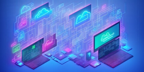 Cloud technology computing. Devices connected to digital storage data center via internet. IOT. Smart home. Communication laptop, tablet, phone and domestic devices with online database. Generative AI