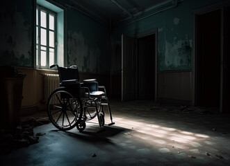 Empty old room with wheelchair. Old wheelchair in room. Generative AI.