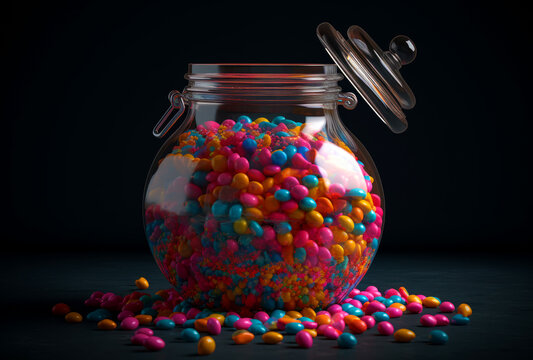 Glass jar full of candies. Sweet colourful sugar desserts. Generative AI.