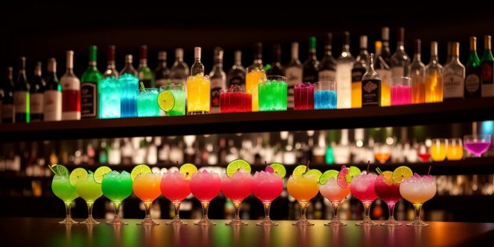 Several glasses of famous cocktail Martini, shot at a bar with dark toned foggy background and disco lights. Club drink concept. Selective focus. Generative AI