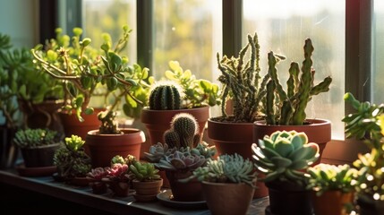 Fototapeta na wymiar small cacti in pots on the windowsill in pots at home. Home gardening concept. Miniature succulents. indoor and ornamental plants in pots. plant care. Generative AI