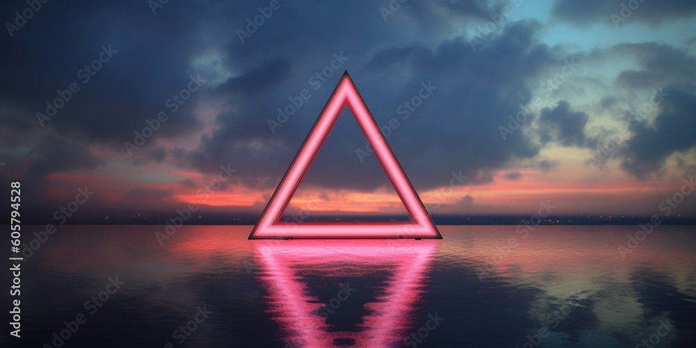 Poster Generative AI, abstract geometric background, clouds, sea and glowing neon triangular frame. Minimal futuristic seascape with reflection in the water. - Posters