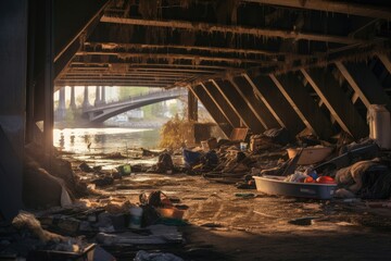 A homeless encampment under a bridge. Reflecting the harsh reality of insufficient affordable housing. Concept of Urban decay. Generative AI - obrazy, fototapety, plakaty
