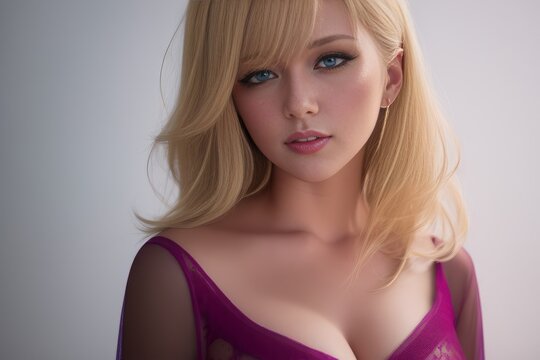 Close up Portrait of pretty sweet lady dressed in red fashion top on pastel color background. Beautiful sexy woman with blond hair and in attractive blouse poses for picture. Generative AI