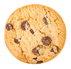 Oatmeal cookies, one round, with interspersed pieces of chocolate, isolated on transparent background .