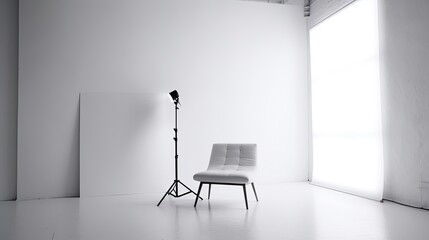 Empty white room with one white chair using studio lights to become artistic. Generative AI Technology 