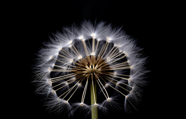 Close up of a single Dandelion flower full of white seeds, also called a puffball or globe. Isolated on black background with shallow field of view. Illustrative Generative AI.