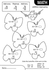 Math learning game. Count and write the correct numbers. Addition and regrouping. Mathematics puzzle with butterflies. Worksheet at school or home. White black vector illustration