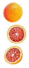 Red oranges set whole and cut falling, hanging, flying, soaring isolated on transparent background