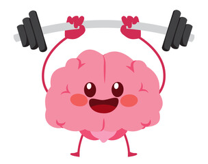 Vector illustration of cute brain character lifting barbell. Mental exercise concept