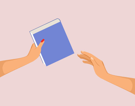 Vector illustration of female hand holding book giving information to male hand. Exchanging culture concept