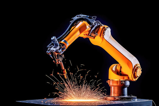Robotic arm welding precise metal joints with high-speed torch. Generative AI