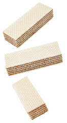 Multi-layered crispy waffles with chocolate filling, falling, hanging, flying, soaring, isolated on...