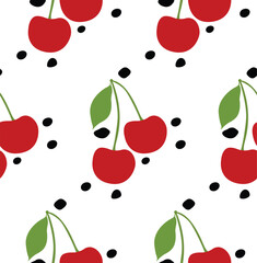Cute pattern with cherry. Fruit seamless background vector for design element. Cute wallpaper, fabric, tile, paper, textile. Sweet red ripe cherries on white background. Baby texture style.