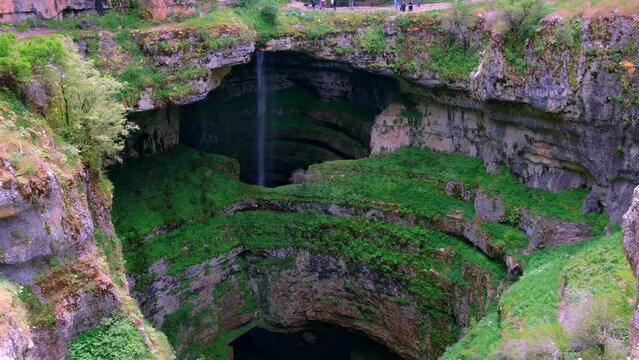 Baatara gorge waterfall in Lebanon. Gorge sinkhole and natural bridges in Tannourine, Lebanon