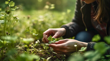 A person foraging in a forest or meadow, collecting wild herbs and plants for use in natural remedies and therapies, Created with generative Ai Technology.

