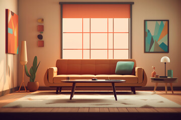 a living room with a couch and a coffee table, Low poly room, creative ai
