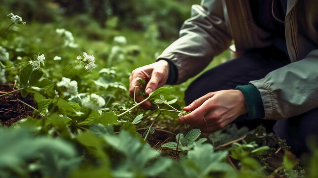 A person foraging in a forest or meadow, collecting wild herbs and plants for use in natural remedies and therapies, Created with generative Ai Technology.
