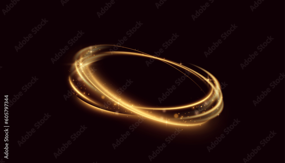Poster Dynamic gold lines with glow effect. Rotating shiny semi-rings. Abstract sparkling swirl, wave.