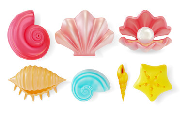 3d Color Mollusk Seashells Different Forms Set Cartoon Style Symbol of Seafood, Travel or Pearl. Vector illustration of Seashell