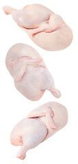 Chicken meat raw halves, falling, hanging, flying, soaring, isolated on transparent background