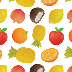 3d Color Different Fruits Seamless Pattern Background on a White Cartoon Style. Vector illustration of Sweet Fruit