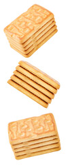 Stacks of rectangular cookies falling, hanging, flying, soaring, isolated on transparent background .
