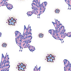Spring seamless pattern with birds and flowers on white background. 