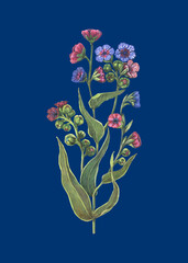 Watercolor bouquet of field flowers on blue background.  Illustration for decoration. 