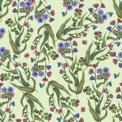 Watercolor meadow flowers for printed and design. Ornament for fabric and decorative papers. Seamless pattern on green background.