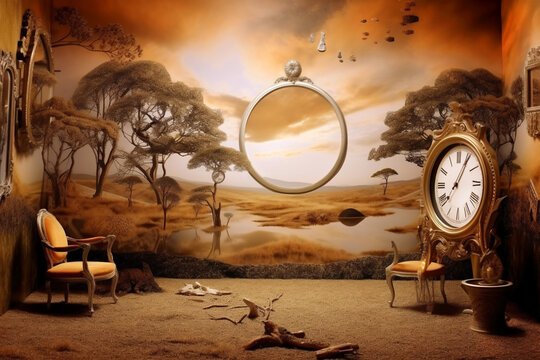 Transience of time. Background Surrealism in the style of Rene Magritte. Atmosphere of mysterious escapism, escape from reality, merging consciousness with the subconscious. Generative Ai content