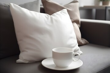 Fototapeta na wymiar White Pillow and Teacup on Couch