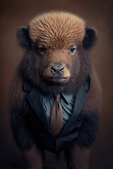 Fototapeta premium Portrait of baby bison in a business suit. Generative AI