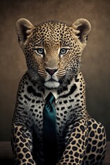 Portrait of baby leopard in a business suit. Generative AI