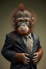 Portrait of baby orangutan in a business suit. Generative AI