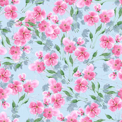 Watercolor floral background with pink garden flowers. Seamless pattern for fabric.